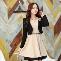 清伊格调 2015秋装新款韩版大码长袖小外套连衣裙两件套装 QY0999