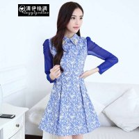 清伊格调 2014秋季新款韩版女士压花优雅气质长袖修身伴娘礼服连衣裙 QY1057