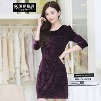 清伊格调 2014秋装新款韩版女装气质淑女大码包臀压花丝绒连衣裙 QY1010