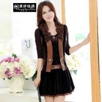 清伊格调 2015秋冬款修身大码两件套装 PU皮马甲+金丝绒连衣裙 QY1171