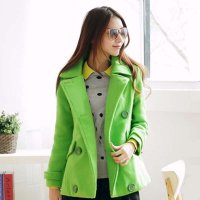 清伊格调 2015冬装新款韩版夹棉加厚苹果绿双排修身扣毛呢外套 QY1133