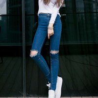 清伊格调 2014秋装新款韩版修身显瘦膝盖破洞小脚牛仔裤 QY1235