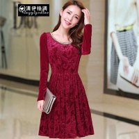 清伊格调 2015年秋装新款气质中年妈妈装 长袖大码显瘦金丝绒连衣裙 QY1401