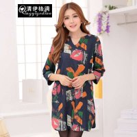清伊格调 2015春装新款女装文艺范棉麻宽松大码印花牛仔布连衣裙QY1361