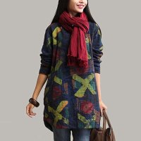 清伊格调 2014秋装新款韩版长袖大码宽松显瘦麻棉印花上衣 QY1352