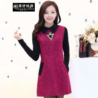 清伊格调 2015年秋冬新款韩版气质修身甜美娃娃领毛呢长袖打底连衣裙(送项链) QY1313