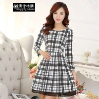 清伊格调 2015年春装新款黑白格子大摆七分袖拼接欧根纱连衣裙女 QY1332