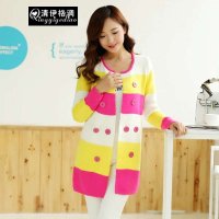 清伊格调 2014秋冬通勤OL双排扣条纹修身中长款外套毛衣 QY1443