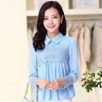 清伊格调 2015春装新款韩版时尚蕾丝拼接娃娃领长袖雪纺上衣 QY1466