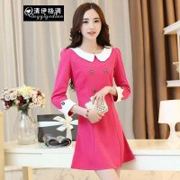 清伊格调 2015春秋装新款娃娃领双排扣百搭修身七分袖连衣裙 QY1490