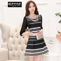 清伊格调 2015年春秋装新款韩版时尚优雅雪纺七分袖绣花欧根纱连衣裙 QY1504