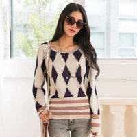 清伊格调 2015春装新款韩版菱形金丝长袖圆领毛衣 QY1519