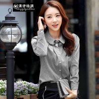 清伊格调 2015春装新款韩版大码波点长袖雪纺打底衬衫 QY1525(不含项链)