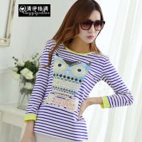 清伊格调 2015春装新款韩版女装猫头鹰印花七分袖条纹T恤 QY1574