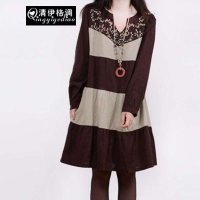 清伊格调 2015春季新款女士宽松大码v字领亚麻绣花拼接长袖连衣裙 QY1636