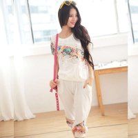 清伊格调 2015夏装新款韩版女装 蕾丝花边学院甜美T恤+七分裤时尚休闲两件套 套装 QY1678