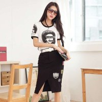 清伊格调 2015夏装新款韩版女装 黑白配百搭T恤+开叉裙+腰带休闲时尚套装 QY1683