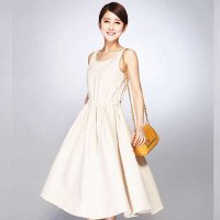 韩缘阁 2015夏季新款女装 文艺修身复古森女系中长款背心亚麻棉麻连衣裙 QY1758