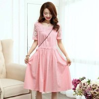韩缘阁 2015夏季新款女装圆领中长款亚麻显瘦短袖连衣裙 QY1764