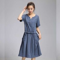 韩缘阁 2015夏季新款韩版女装 修身显瘦棉麻短袖文艺范宽松连衣裙QY1759