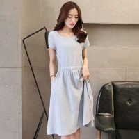 韩缘阁 2015夏季新款韩版女装 短袖大码胖MM文艺复古棉麻 中长连衣裙 QY1769