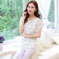 韩缘阁 2015年夏季新款短袖圆领宽松甜美荷叶边雪纺衫 QY1718