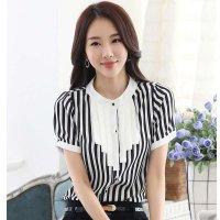 韩缘阁 2015夏装新款 韩版 女装 大码修身条纹 短袖打底 衬衫 QY2007