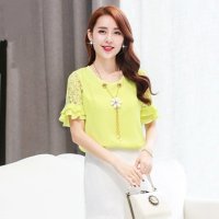 韩缘阁 2015年夏季新款韩国蕾丝喇叭短袖雪纺衫(送项链)QY2021
