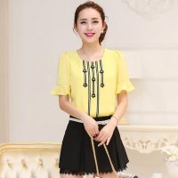 韩缘阁 2015年夏季新款韩版钉珠荷叶边喇叭袖雪纺衫 QY2025