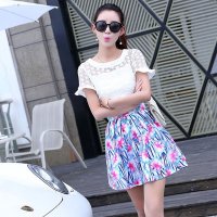 韩缘阁 2015年夏装新款韩版蕾丝镂空短袖上衣+印花半身裙两件套套装 QY2047