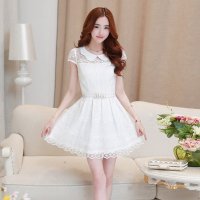 韩缘阁 2015年夏降新款娃娃领甜美蕾丝短袖连衣裙（送腰带） QY2062