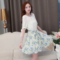 韩缘阁 2015年夏季新款雪纺拼接印花淑女系腰带连衣裙 QY2077