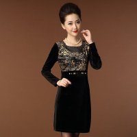 韩缘阁 2015秋冬新款中老年女装豹纹气质加大码妈妈装金丝绒长袖连衣裙QY2182