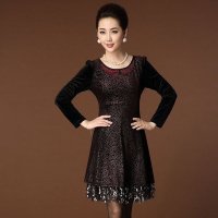韩缘阁 2015秋冬新款中老年女装气质A字印花金丝绒修身显瘦妈妈装长袖连衣裙QY2192