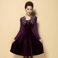 韩缘阁 2015秋冬季新款中老年女装 大码金丝绒妈妈装修身显瘦连衣裙 QY2218