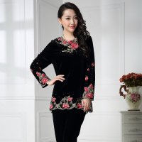 韩缘阁 2015秋装新款中老年女装 绣花丝绒长袖大码妈妈装两件套装QY2222