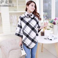 萨麦斯 2015秋冬新款女装 时尚毛呢斗篷 格子披肩外套 QY1822