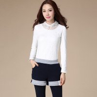 萨麦斯 2015年秋冬新款韩版修身显瘦娃娃领订珠蝴蝶花加绒大码打底蕾丝衫 QY2279