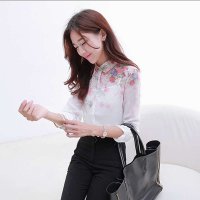 米纱春装韩版新款女装甜美翻领花朵印花女雪纺长袖衬衫8903