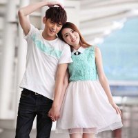 米纱2014夏装新款纯棉情侣装蕾丝拼接欧根纱短袖女款裙子602