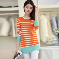米纱2014秋装新款韩版针织衫长款长袖条纹套头打底衫899