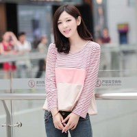 米纱2015新款韩版宽松秋装长袖女装T恤拼接条纹长袖棉质圆领T恤681