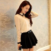 米纱2015春秋装新款连衣裙甜美修身长袖娃娃领两件套雪纺连衣裙639