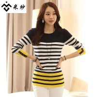 米纱2015秋装新款韩版女装长袖打底衫上衣秋冬中长款条纹毛衣8896
