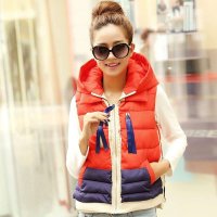 米纱2014新款短款韩版加厚大码休闲时尚拼色连帽女装羽绒服棉服马甲B3309