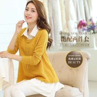 米纱2015新款韩版镂空长袖毛衫拼接针织衫女两件套打底衫1837