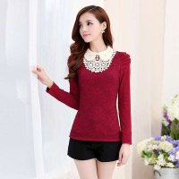 米纱2015新款韩版高领蕾丝加绒加厚打底衫娃娃领长袖上衣5067