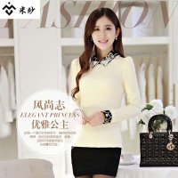 米纱2015秋冬蕾丝新款复古长袖钉珠娃娃领加绒蕾丝打底衫5238