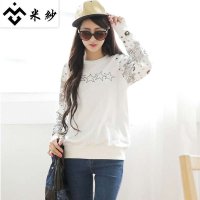 米纱2015春装新款小清新印花五角星拼接插肩袖卫衣1357