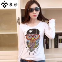 米纱2015春装新款韩版时尚修身套头长袖猫头鹰t恤8940